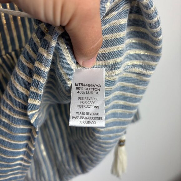 Altar'd State Striped Blue & Gold Metallic Peplum Blouse With Tassels Size S - Picture 3 of 7